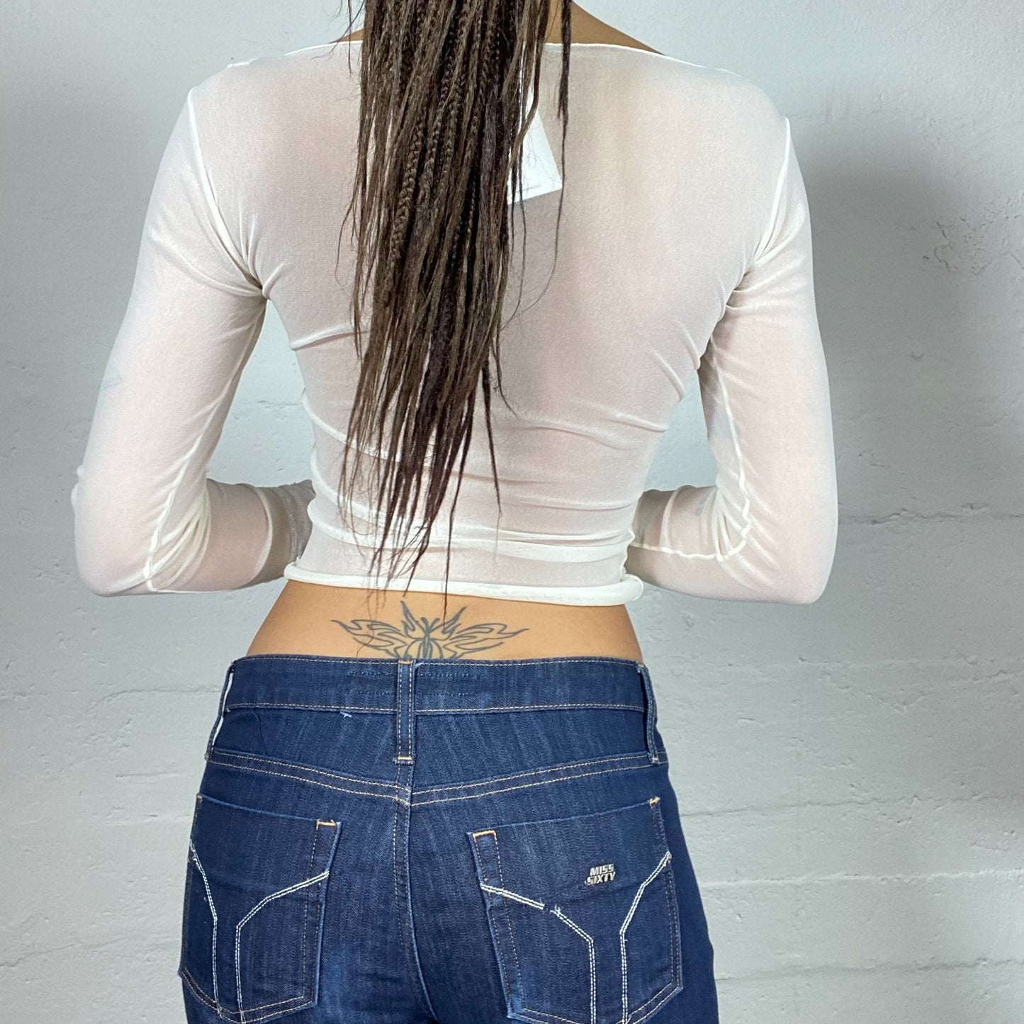 Vintage 2000's Indie White Longsleeve Mesh Top with Frills and Mandala Print (S) no