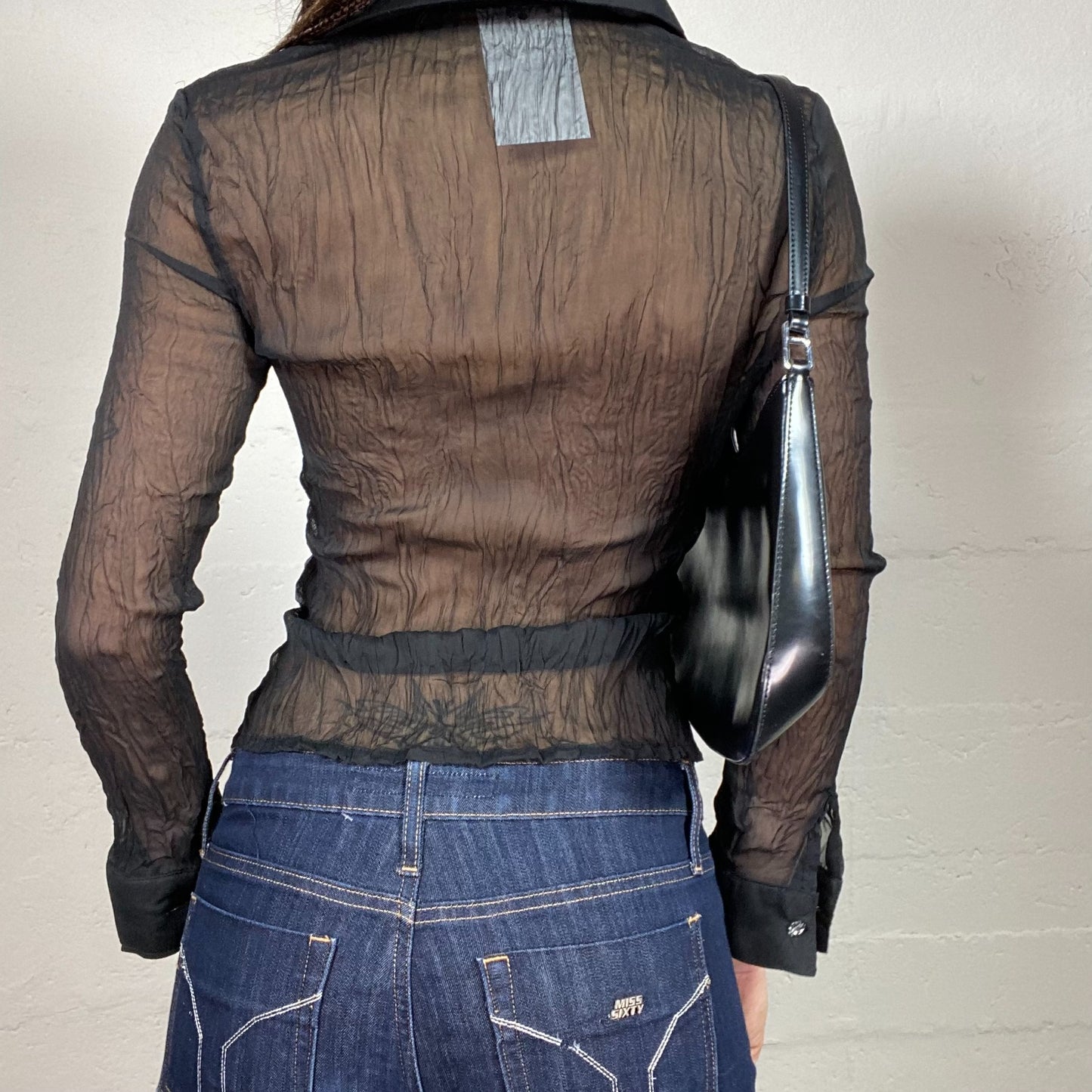 Vintage 2000's Indie Black Longsleeve Mesh Button Up with Golden Floral Embroidery (S)