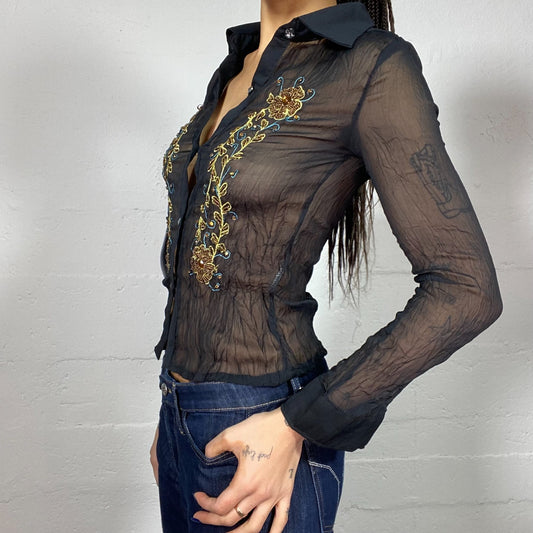 Vintage 2000's Indie Black Longsleeve Mesh Button Up with Golden Floral Embroidery (S)