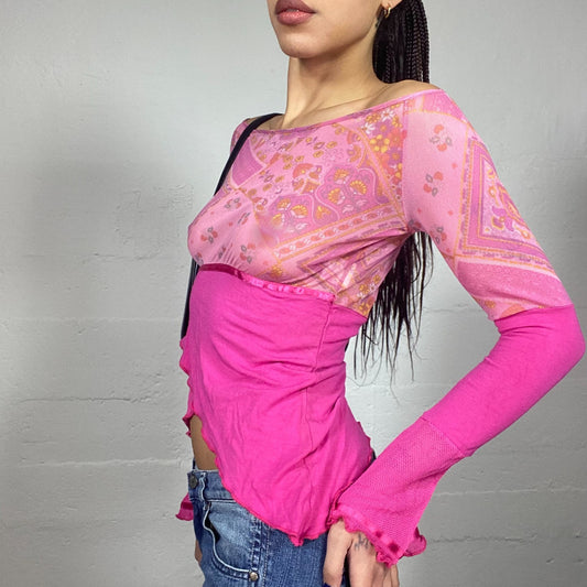 Vintage 2000's Lizzie McGuire Pink Asymmetric Cut Top with Mesh Floral Print Chest (S)