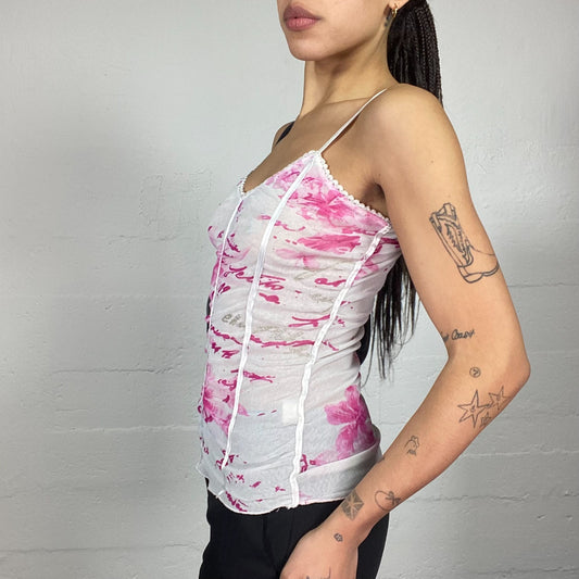 Vintage 2000's Totally Spies White Top with Pink Floral Print Trim (S)