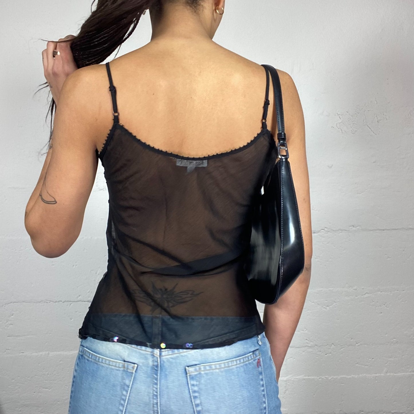 Vintage 2000's Clubwear Black Mesh Top with Sequins Decorative Linings Detail (S/M)