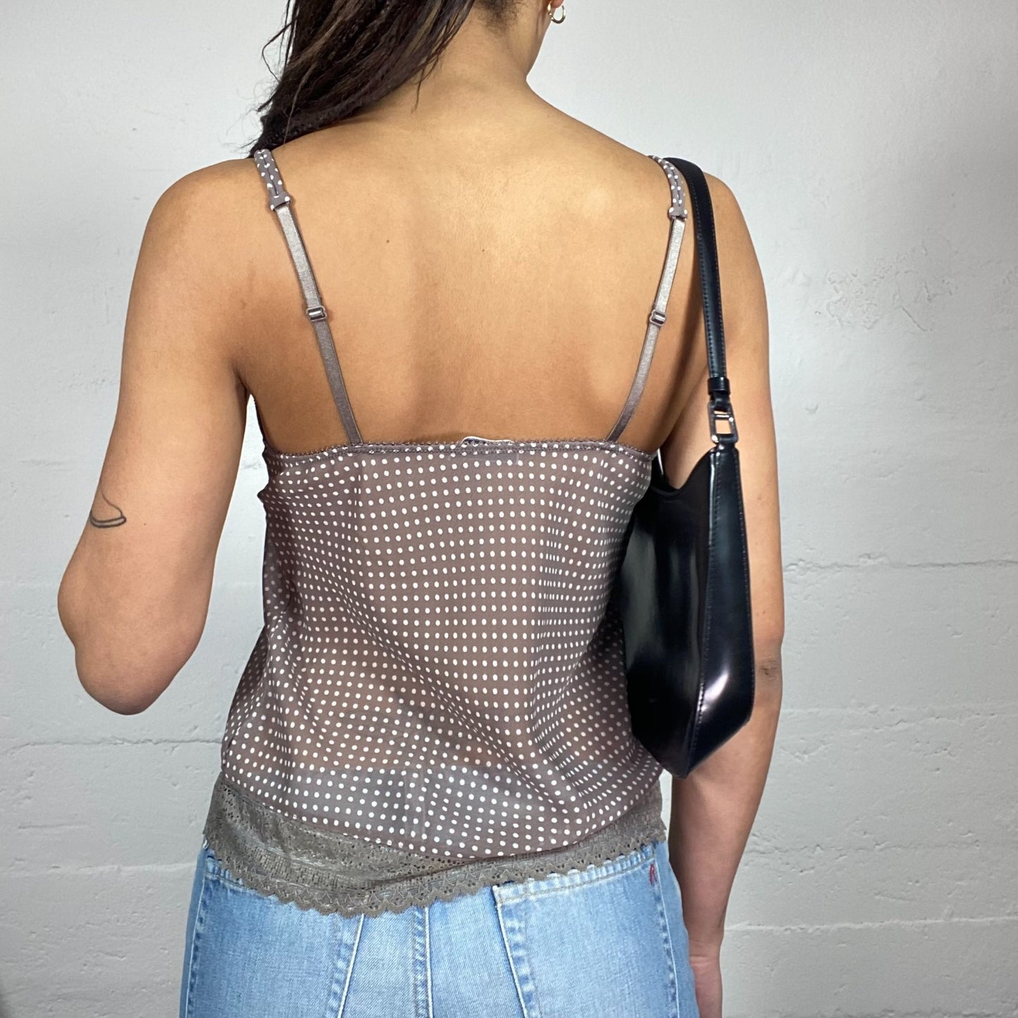 Vintage 2000's Lingerie Brown Mesh Cami Top with White Polkadots Print (S)