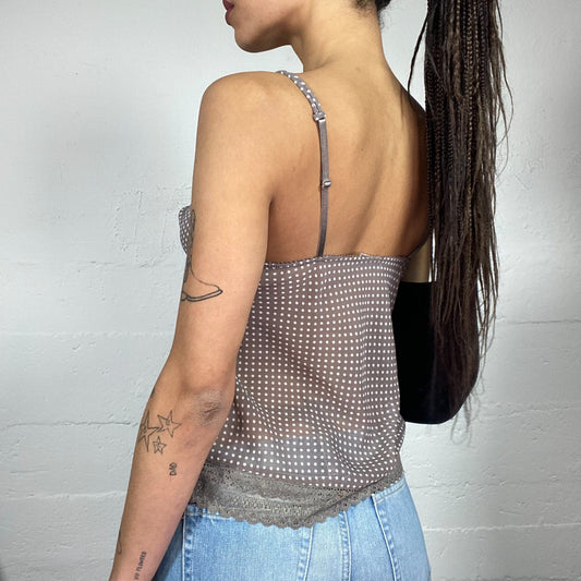 Vintage 2000's Lingerie Brown Mesh Cami Top with White Polkadots Print (S)