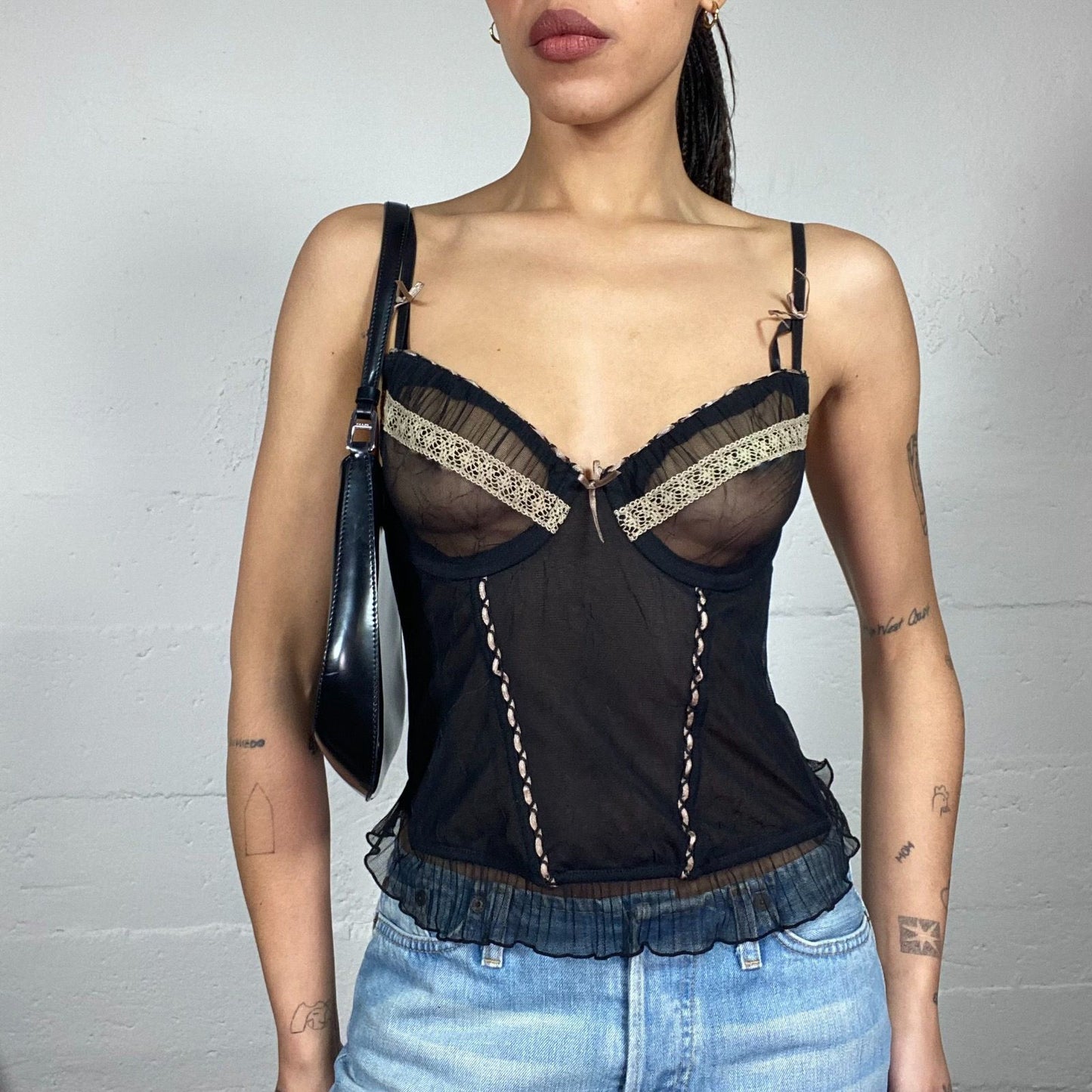 Vintage 2000's Lingerie Black Mesh Bustier Top with White Lace Chest Lining (S)