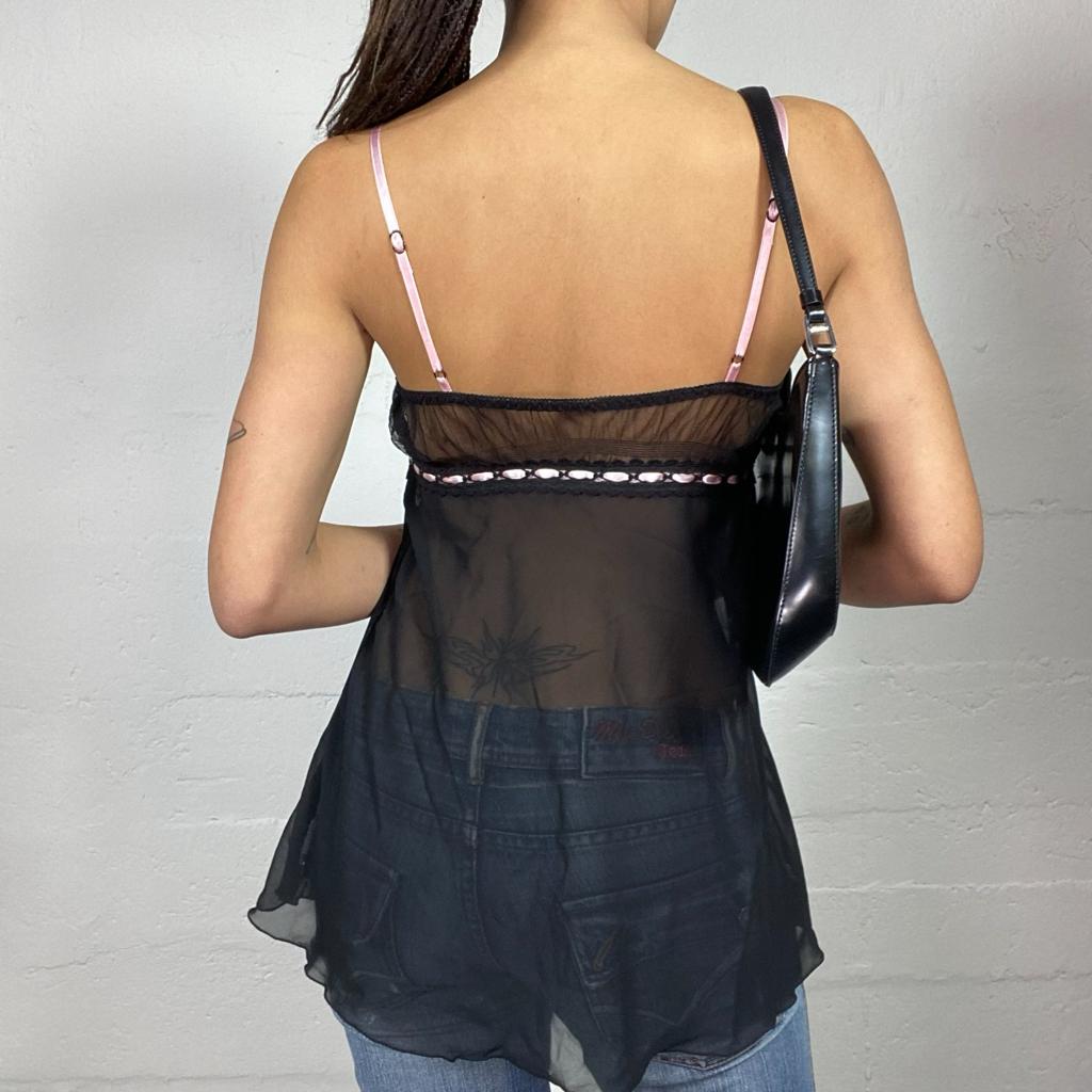 Vintage 2000's Coquette Black Mesh Top with Pink Satin Lace Ribbon Detail (S/M)