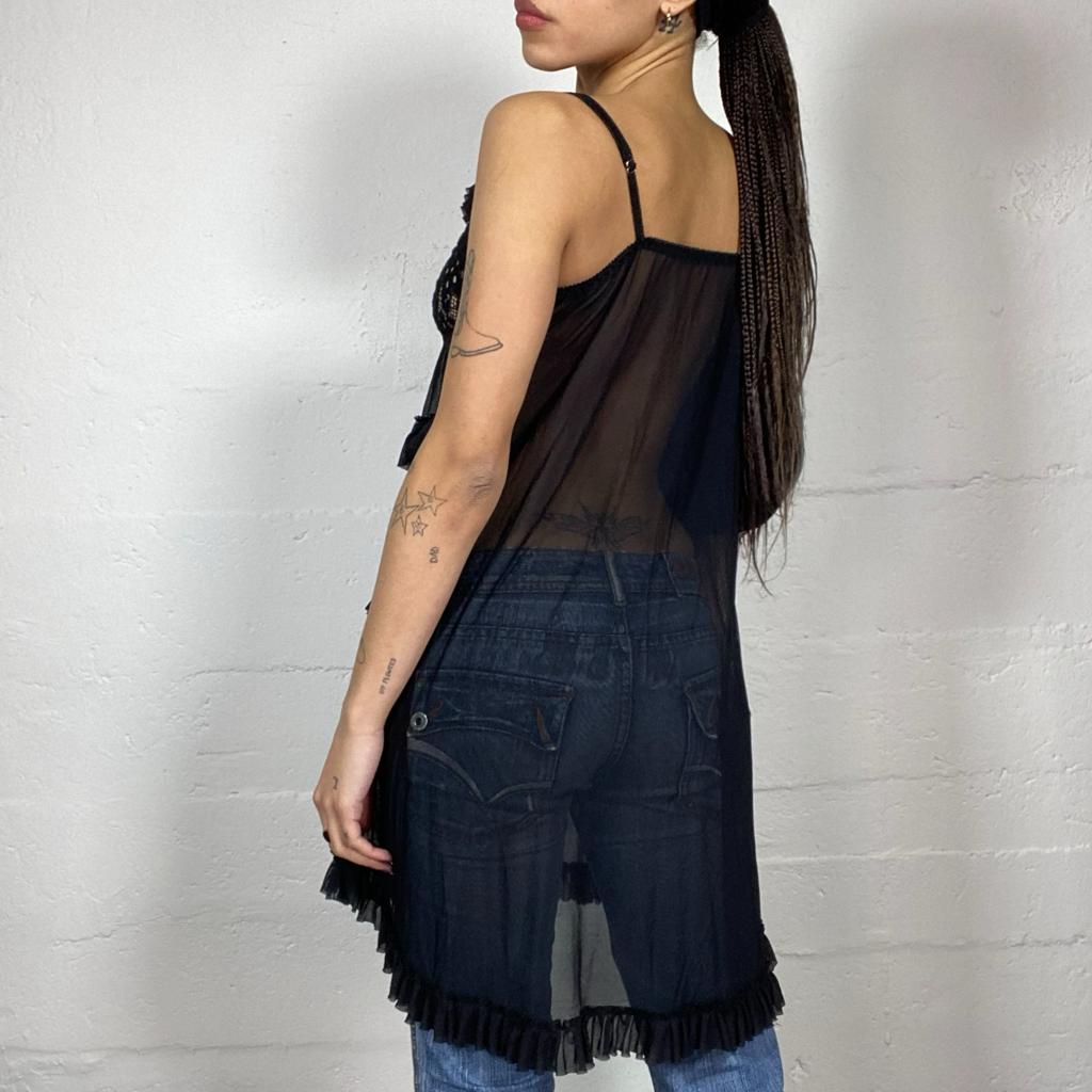 Vintage 2000's Coquette Black Mesh Long Top with Floral Embroidery Work Detail (M)