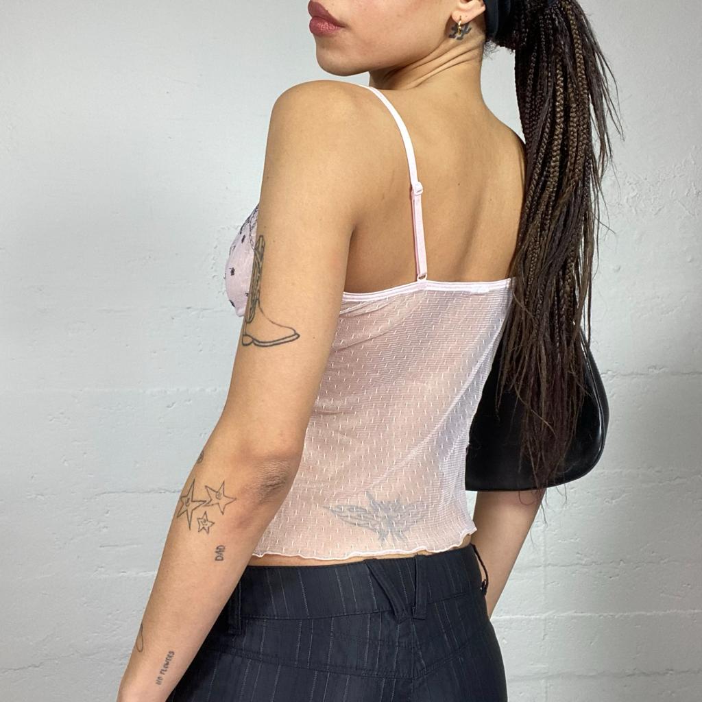 Vintage 2000's Coquette White Mesh Top with Black Lace Detail (S)