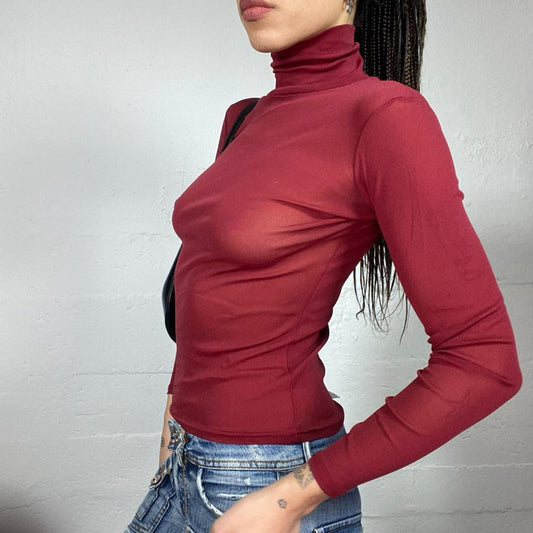 Vintage 2000's Clubwear Garnet Turtleneck Mesh Top (S)