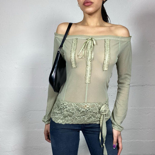 Vintage 90's Downtown Girl Khaki Mesh Off Shoulder Longsleeve Top with Lace Trim & Rosette Detail (S/M)