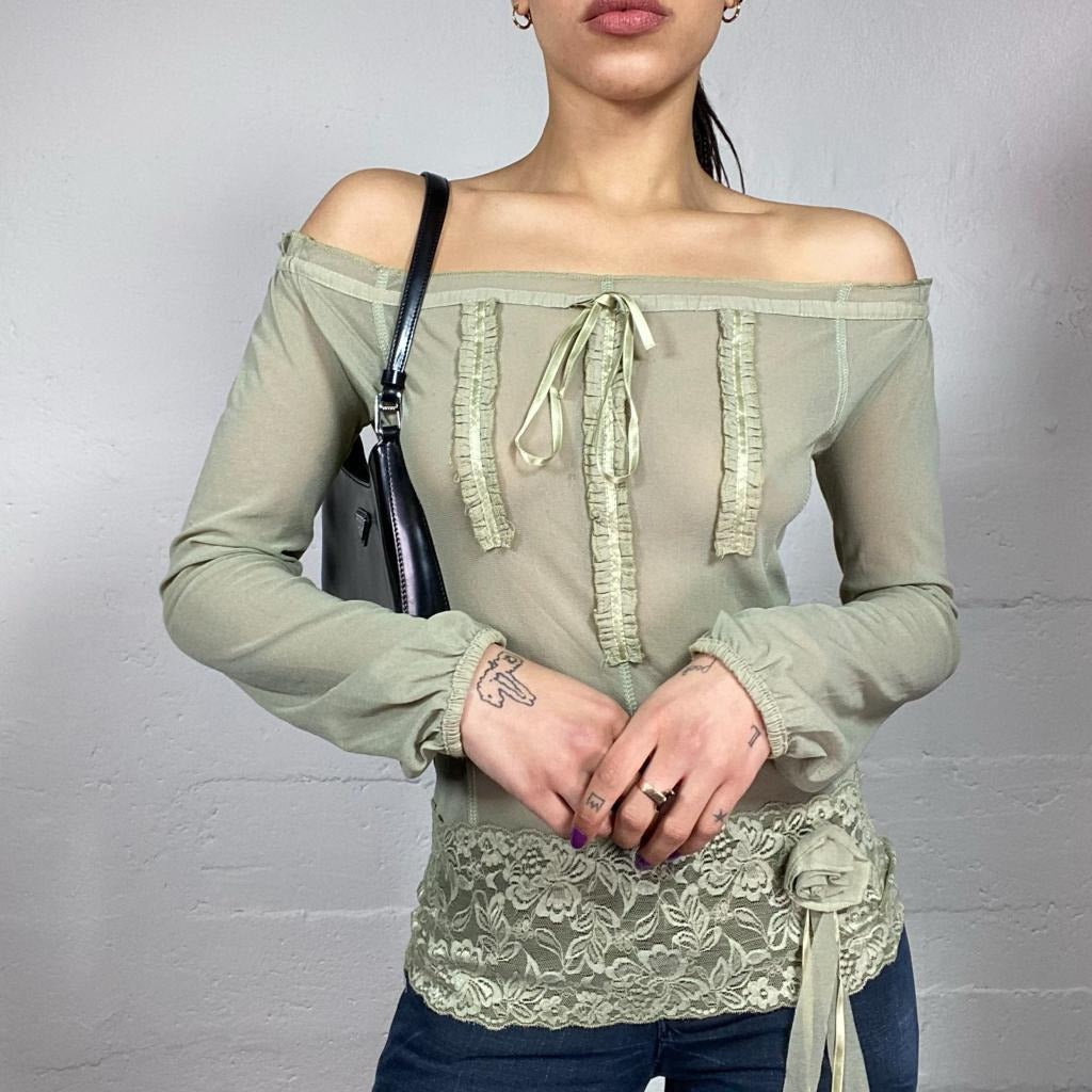 Vintage 90's Downtown Girl Khaki Mesh Off Shoulder Longsleeve Top with Lace Trim & Rosette Detail (S/M)