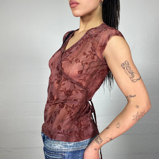 Vintage 2000's Fairy Brown Mesh Top with Floral Print (S)