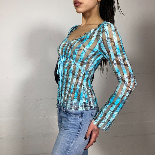 Vintage 2000's Hippie Blue Mesh Longsleeve Top with Floral and Stripes Print (S)
