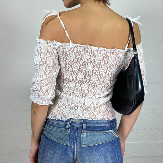 Vintage 2000's Soft Girl White Off Shoulder Top with Mesh Floral Lace Material (S)