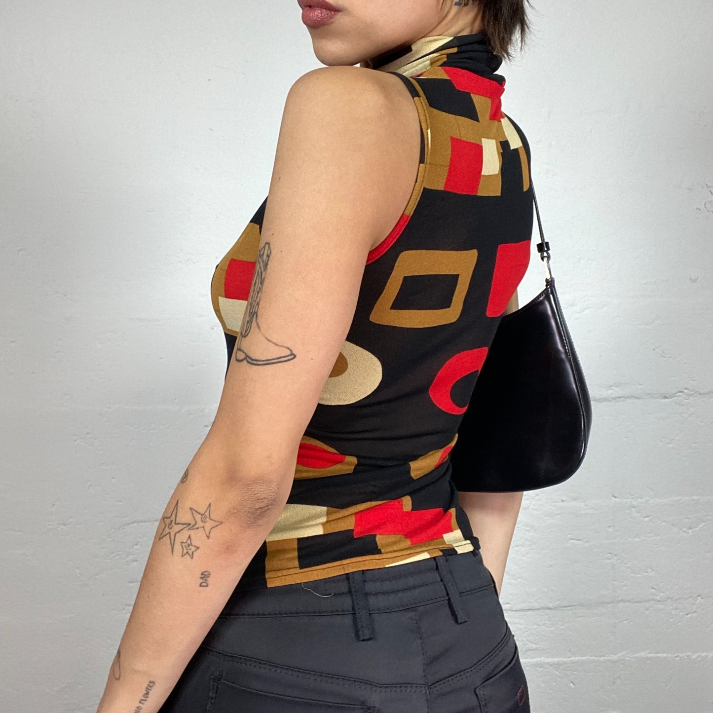 Vintage 2000's Funky Black Mesh Highneck Top with Geometric Red and Beige Print (S)