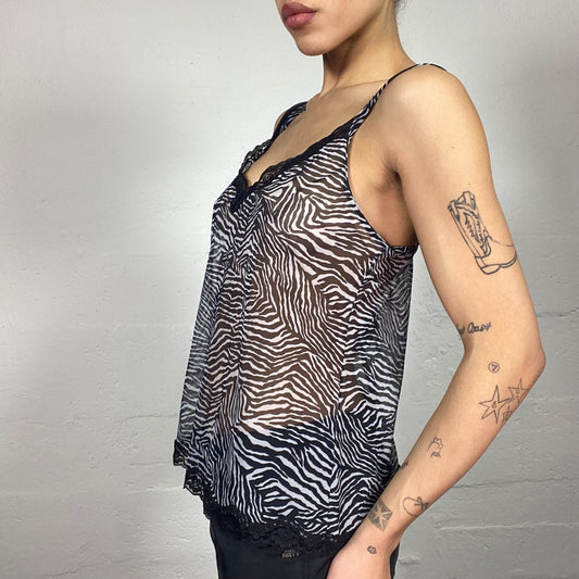 Vintage 2000's Clubwear Black Mesh Zebra Print Top with Lace Trim Detail (M)