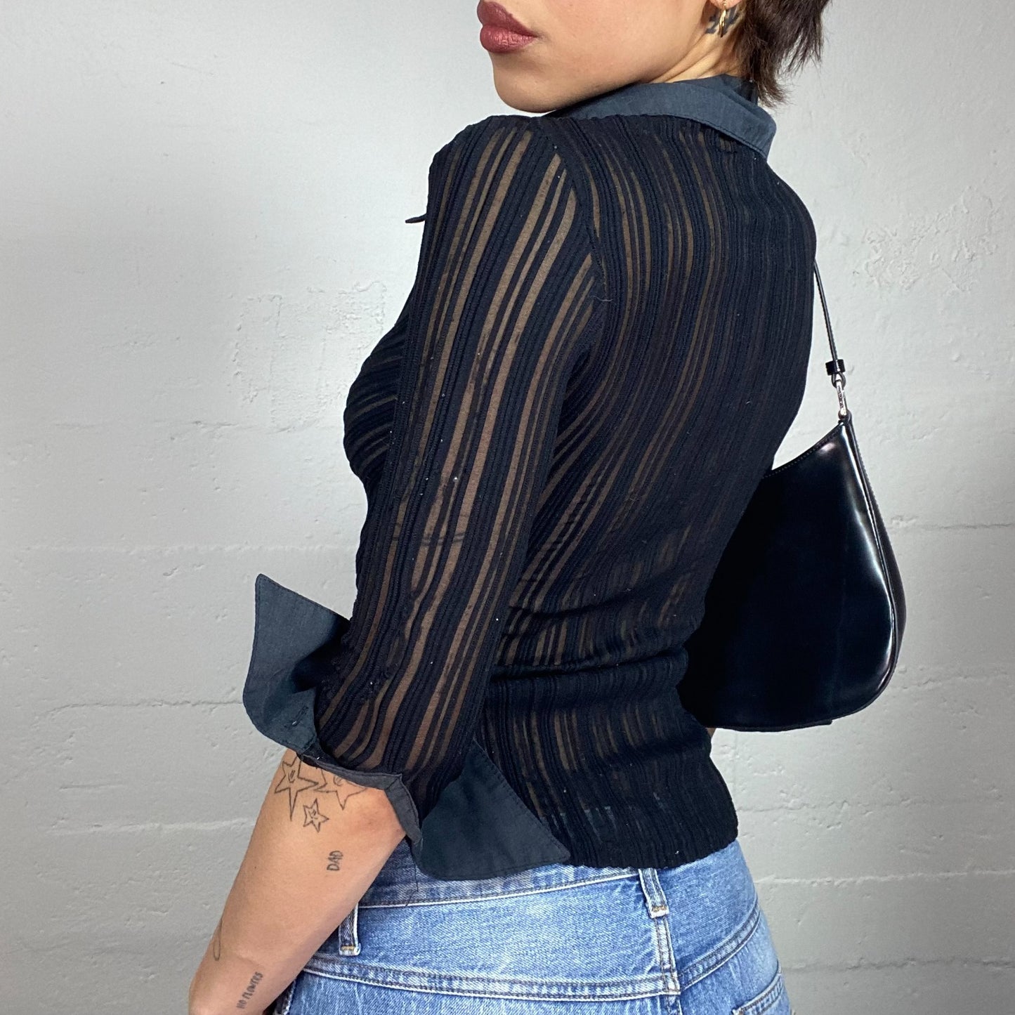Vintage 2000's Corpcore Black Mesh Longsleeve Button Up Shirt with Stripes Detail (S)