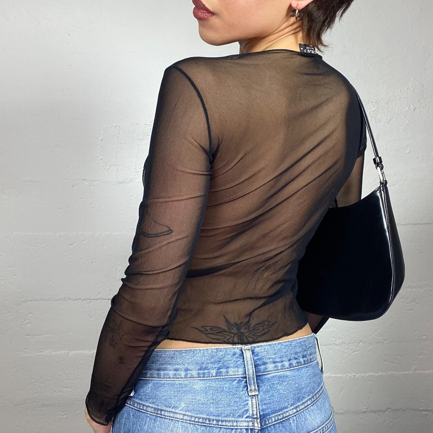 Vintage 2000's Clubwear Black Mesh Longsleeve Top with Portrait Print (S/M)