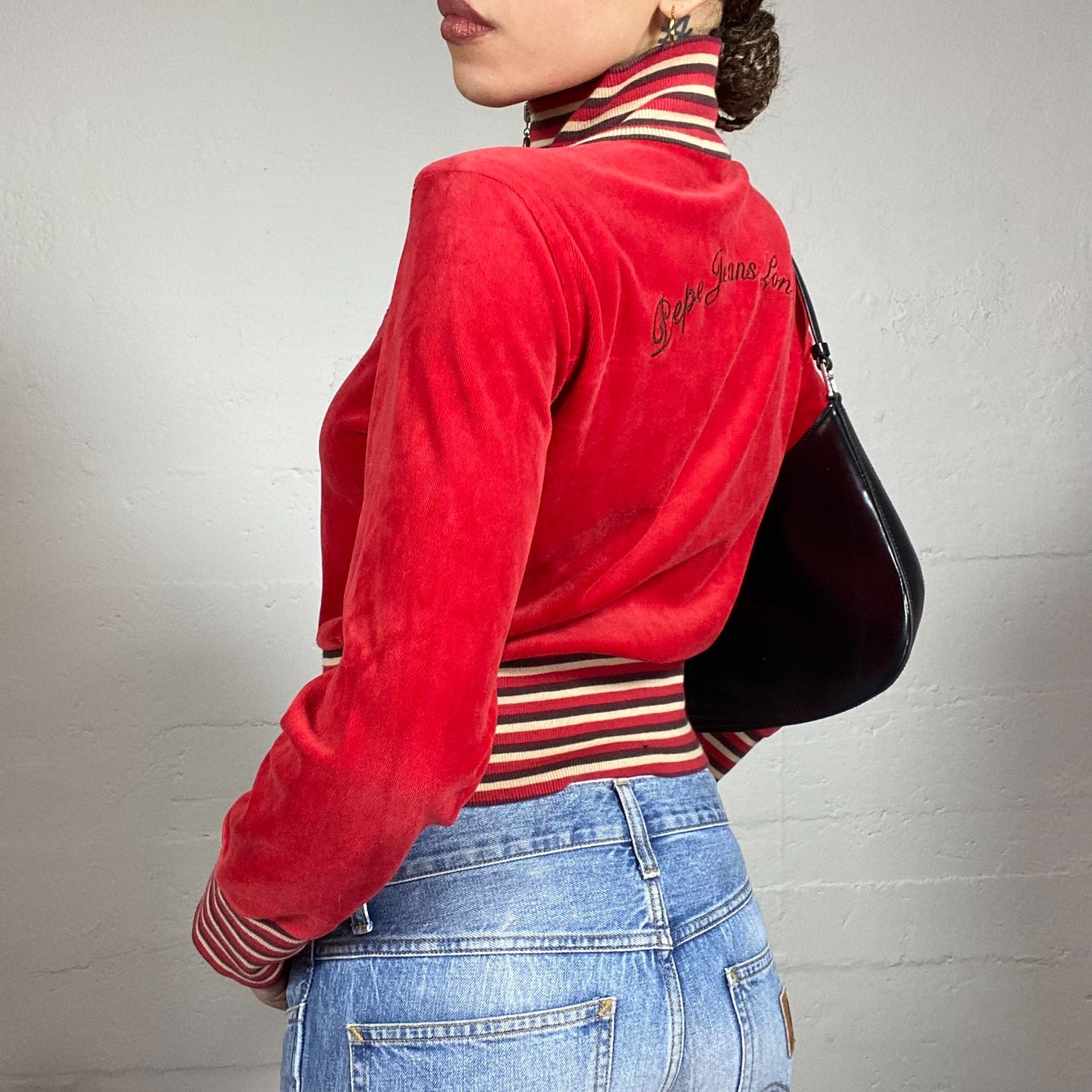 Vintage 2000's Pepe Jeans Downtown Girl Red Zip Up Velvet Jacket with Stripes Print Detail (XS)