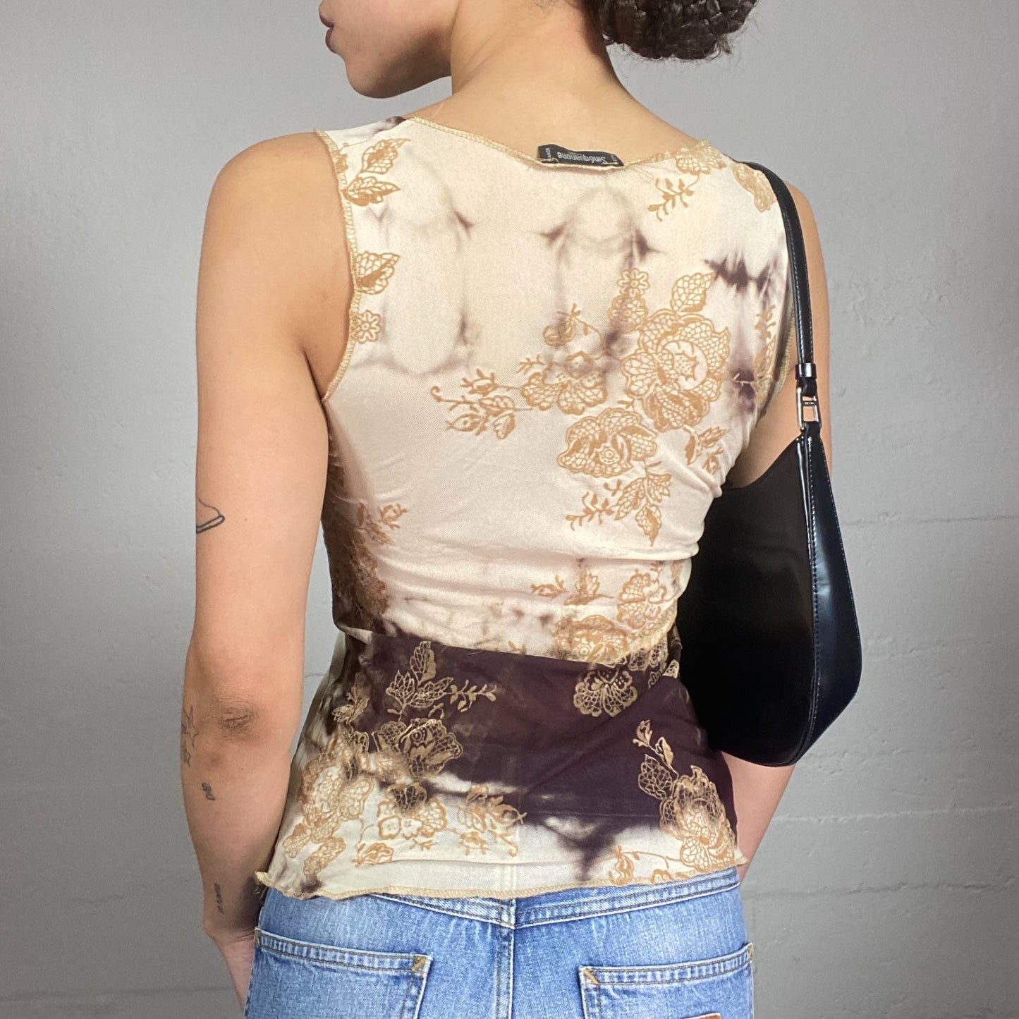 Vintage 2000's Downtown Girl Brown See Through Top with Floral and Tie Dye Print (S)