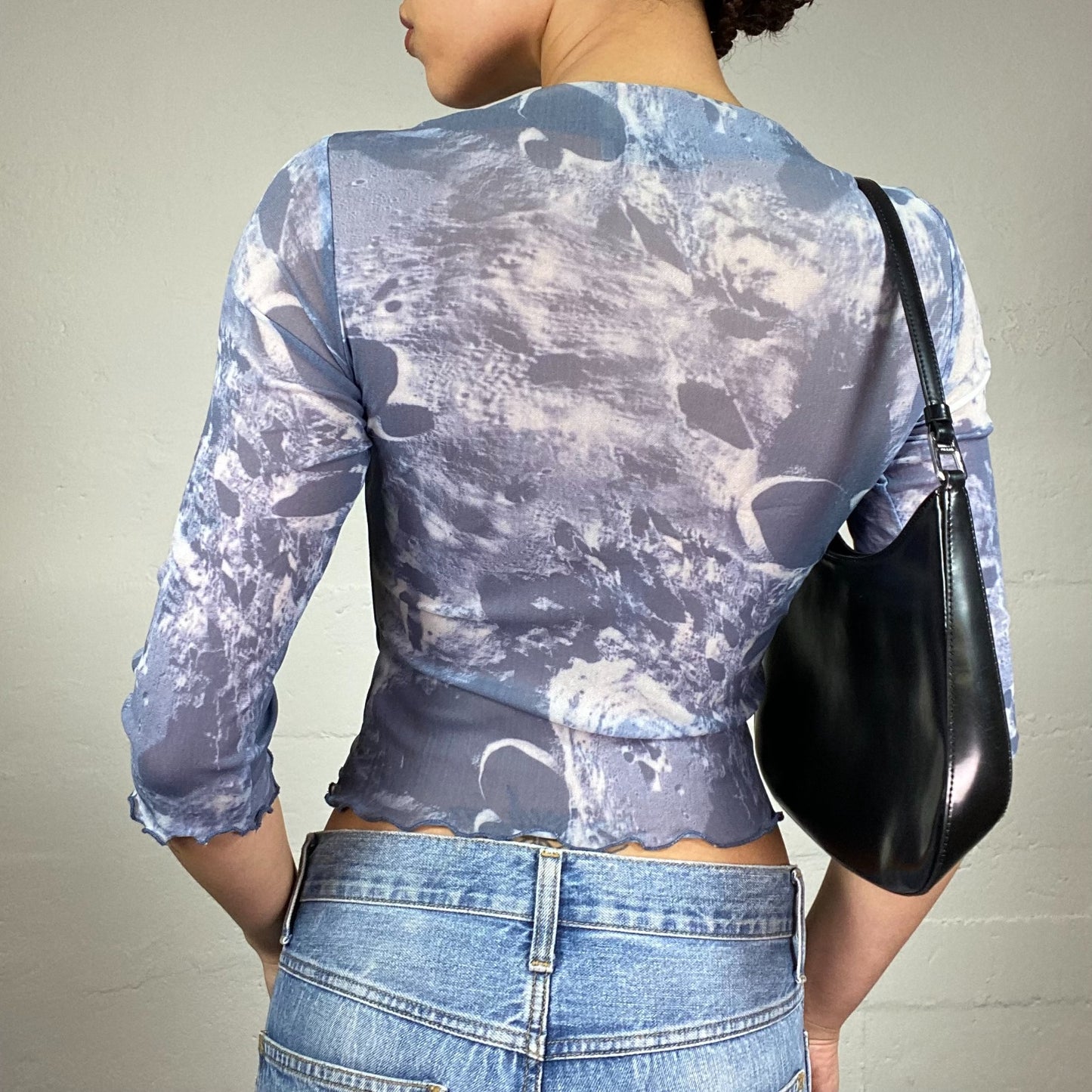 Vintage 2000's Cyber Blue Mesh Longsleeve Top with Lunar Craters Print (S)