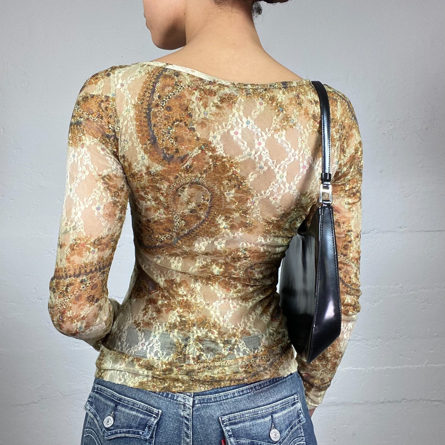 Vintage 2000's Indie Girl Beige Mesh Lace Top with Brown Tie Dye Print (S/M)