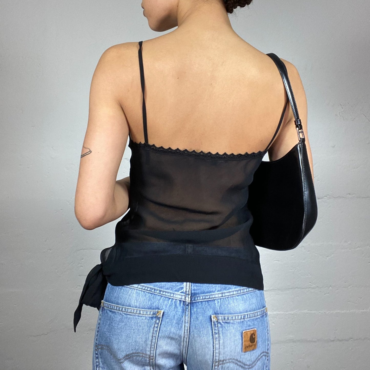 Vintage 2000's Clubwear Black Mesh Top with Seam Lines Detail (S)