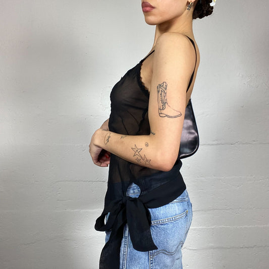 Vintage 2000's Clubwear Black Mesh Top with Seam Lines Detail (S)