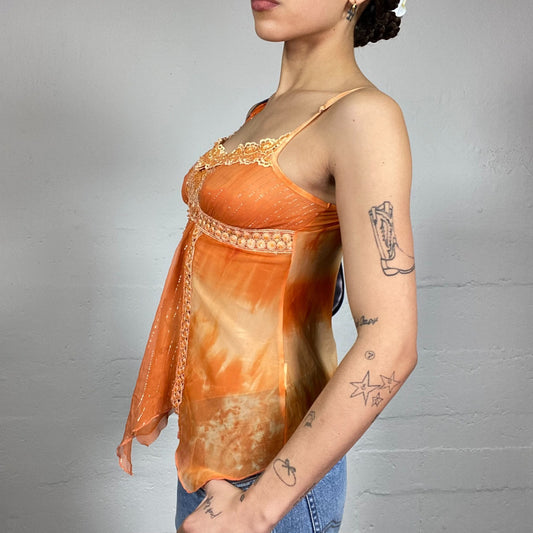 Vintage 2000's Festive Orange Tie Dye Mesh Top with Floral Embroidery Trim Detail (S/M)
