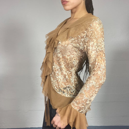 Vintage 2000's Mob Wife Brown See Through Lace Up Top with Frills Detail (M/L)