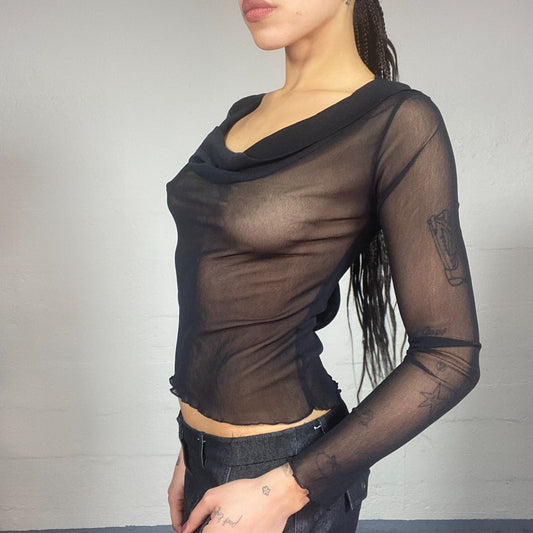 Vintage 90's Batik Black Mesh Longsleeve Top with Drapped Neckline Detail (M)