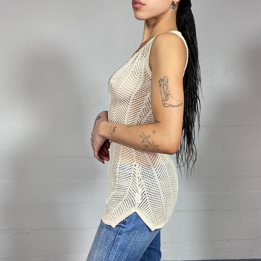 Vintage 2000's Boho Girl Beige Crochet Long Top (S)