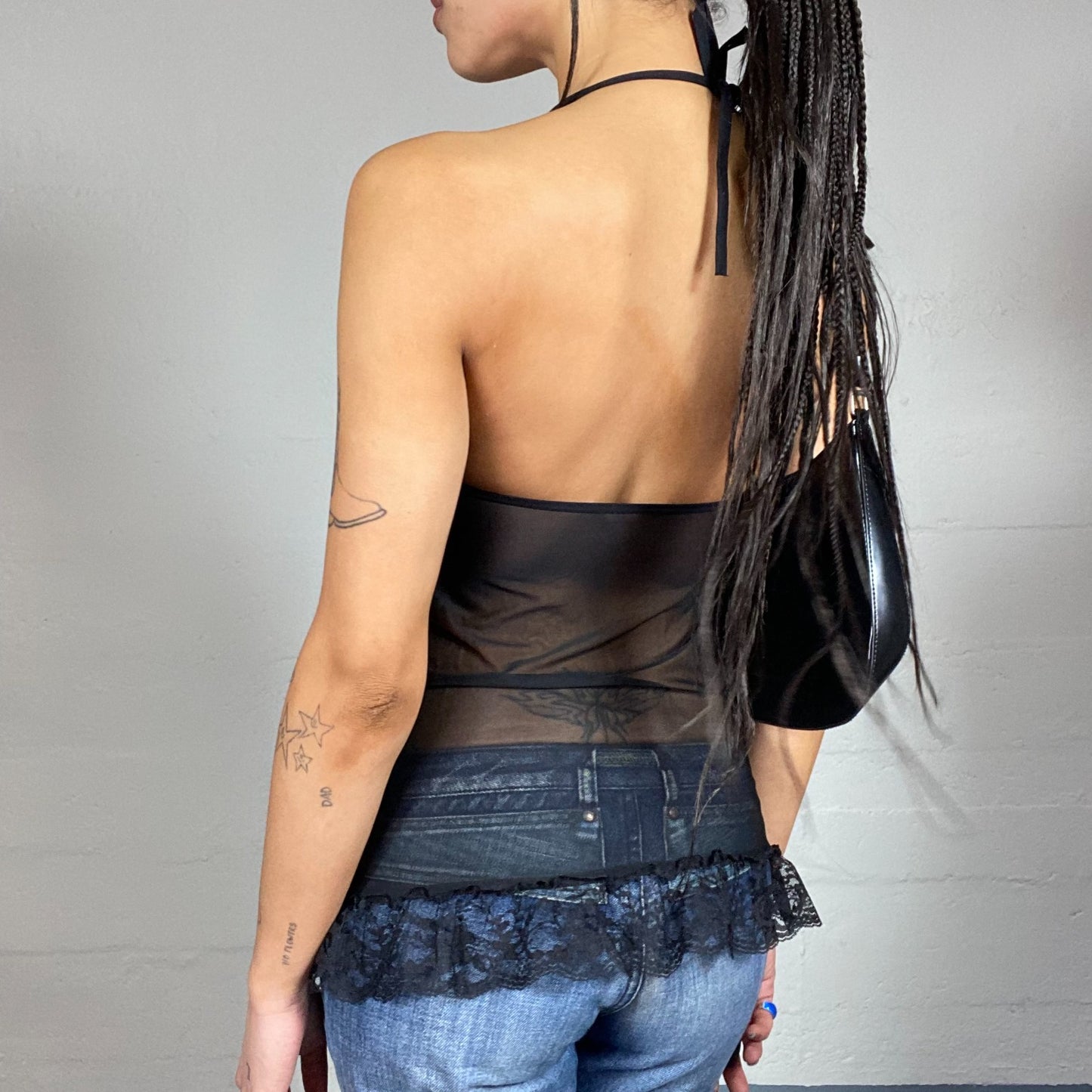 Vintage 2000's Vampy Black Neckholder Top with Mesh Lace Covering Material (S/M)