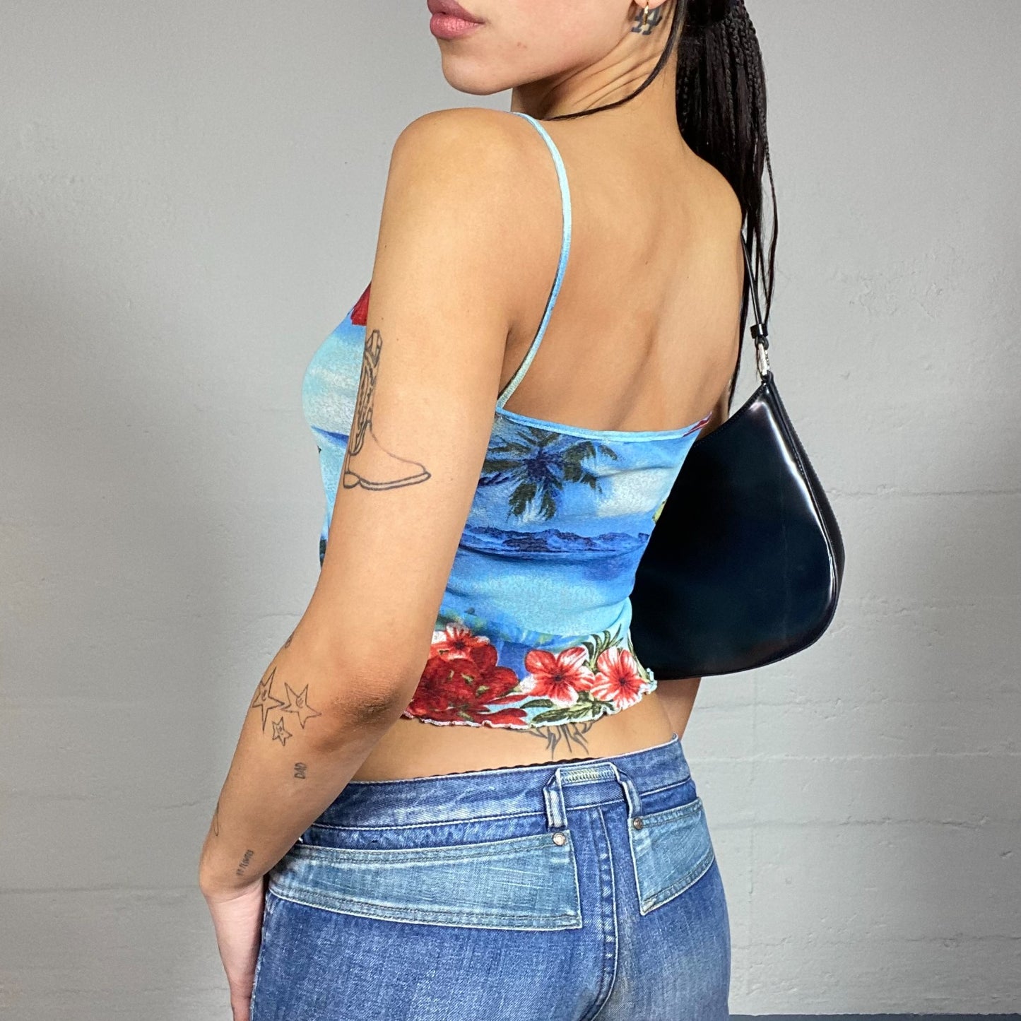 Vintage 2000's Surfer Girl Blue Cami Top with Hawaiian & Hibiscus Print (S/M)
