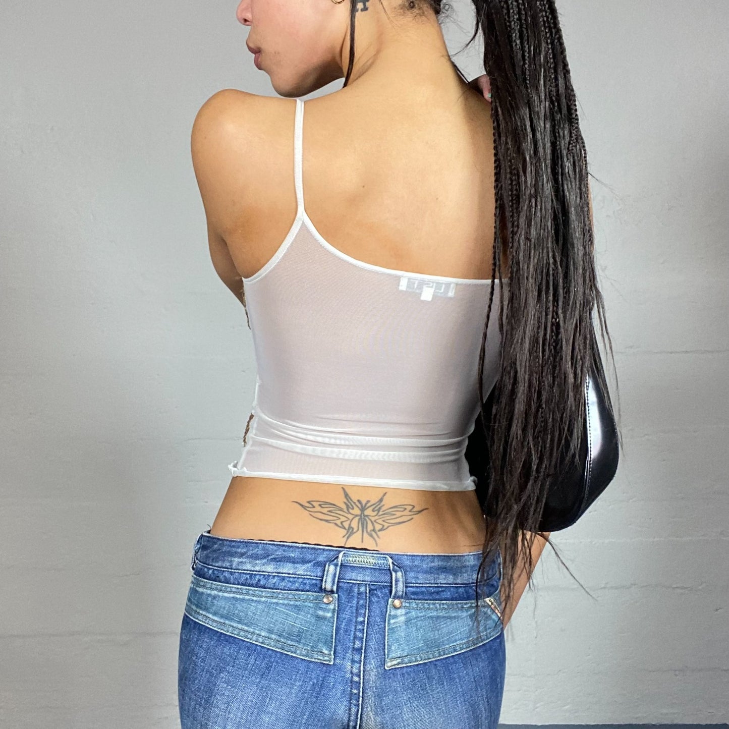Vintage 2000's Clubwear White Mesh Top with Gold Patched Sequins Detail (S/M)