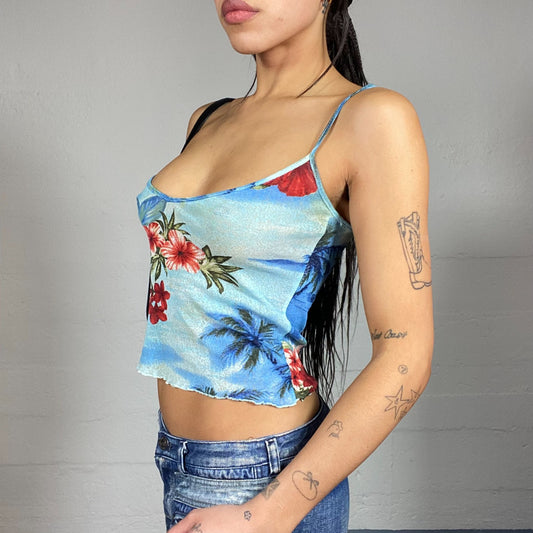 Vintage 2000's Surfer Girl Blue Cami Top with Hawaiian & Hibiscus Print (S/M)