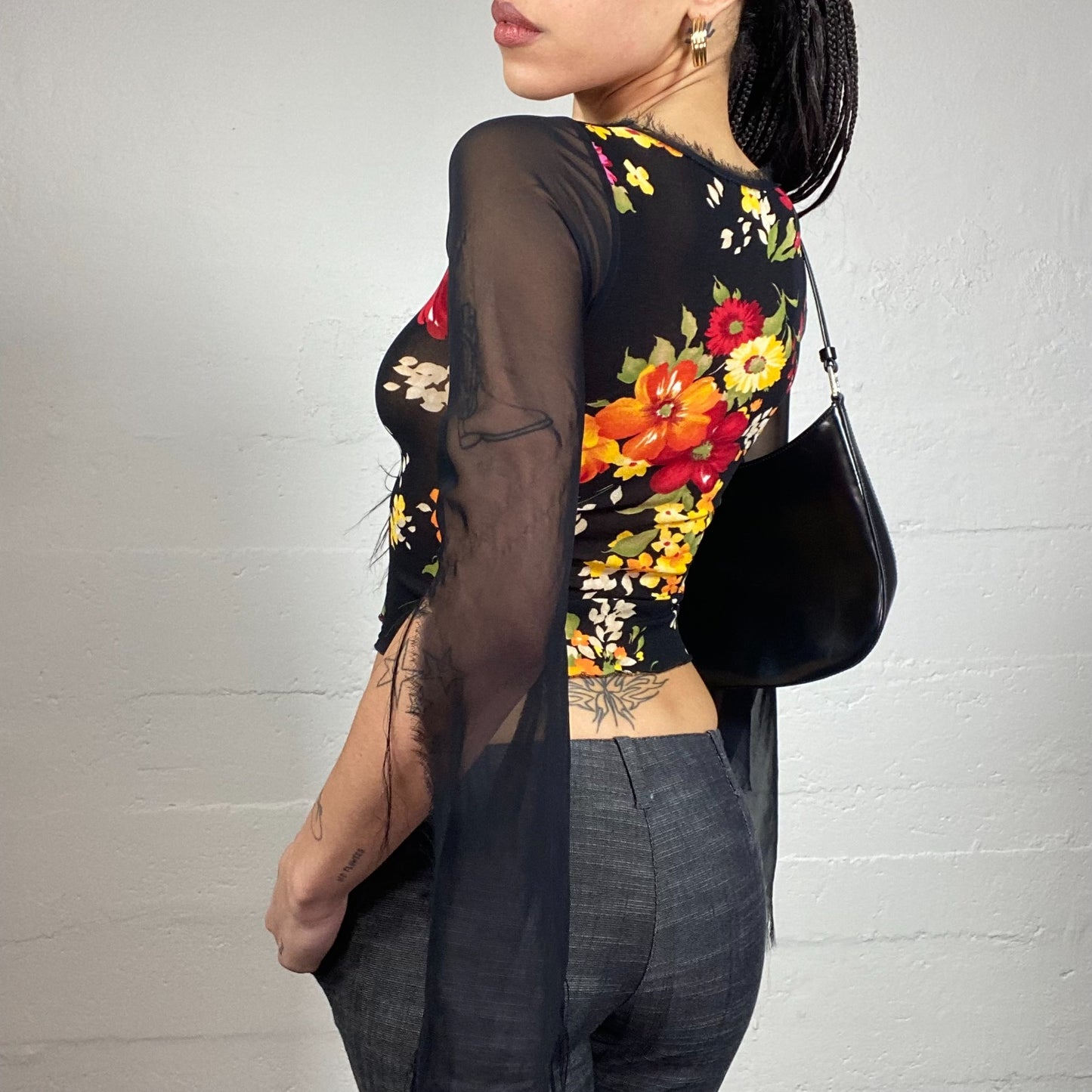 Vintage 2000's Romantic Black Mesh Angel Longsleeve Top with Floral Print (M)