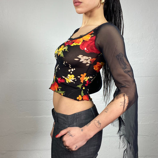Vintage 2000's Romantic Black Mesh Angel Longsleeve Top with Floral Print (M)