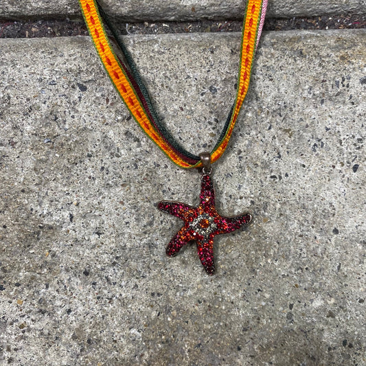 Vintage 2000's Summer Rhinestone Sea Star Pendant Necklace with Multicolor Ribbon