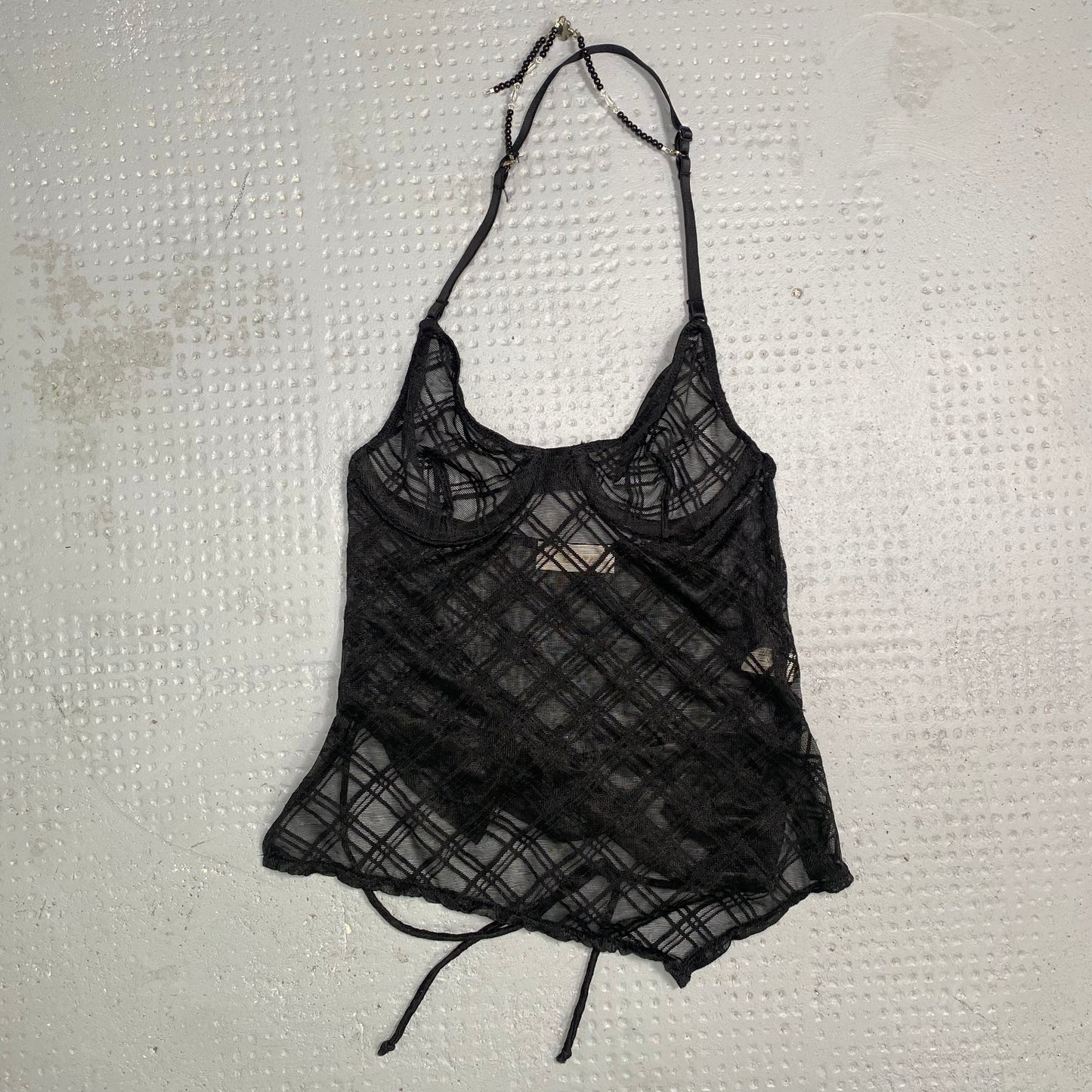 Vintage 2000's Punk Black Mesh Neckholder Top with Checkered Print Detail (S)