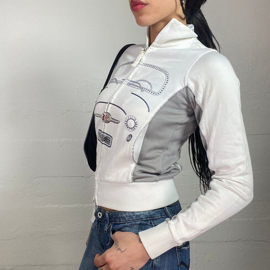 Vintage 2000's Sporty White Zip Up Jacket with Truck Stras Print Detail (S/M)