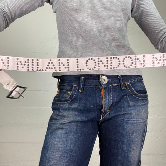 Vintage 2000's Guido White Belt with Strass Worldwide Cities Decoration Detail