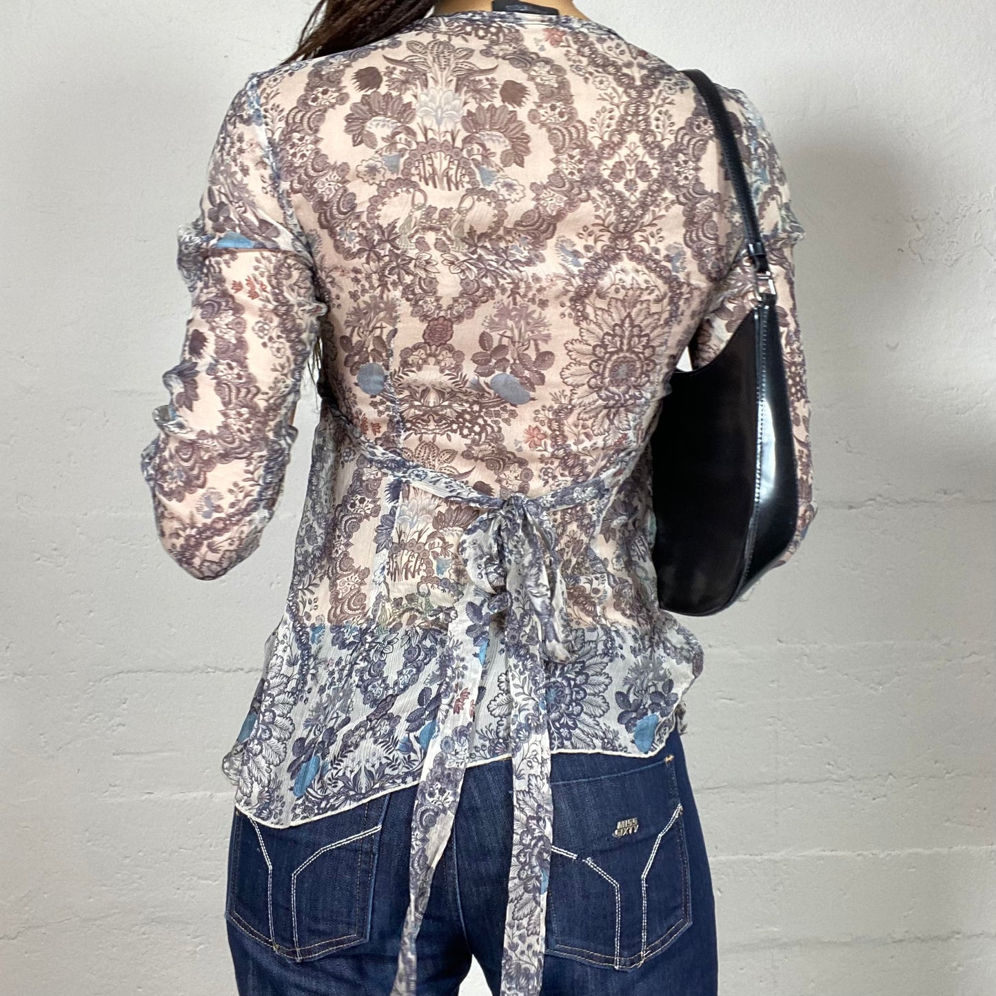 Vintage 90's Phoebe Buffay White Mesh Blouse Top with Boho Blue Floral Print (S)