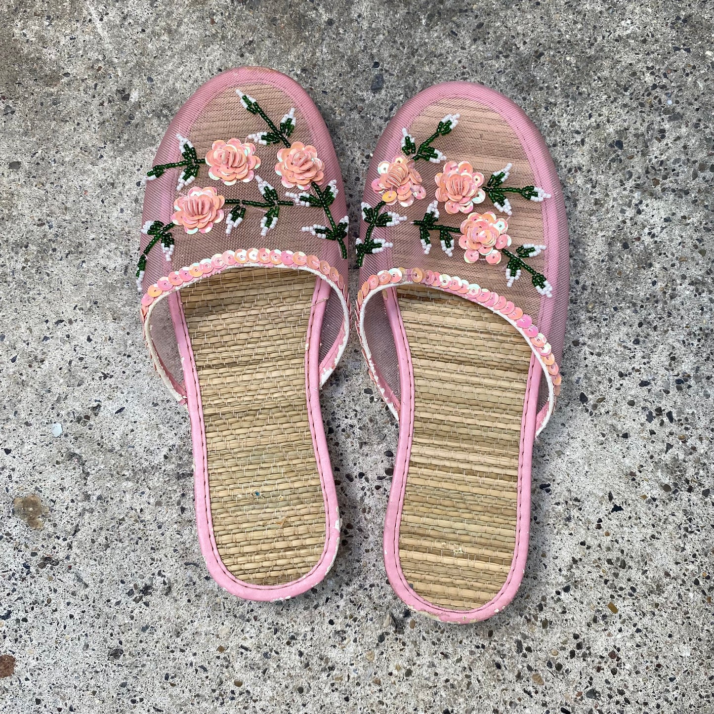 Vintage 2000's Summer Pink Transparent Slip Sandal with Sequin Rosette Detail (36)