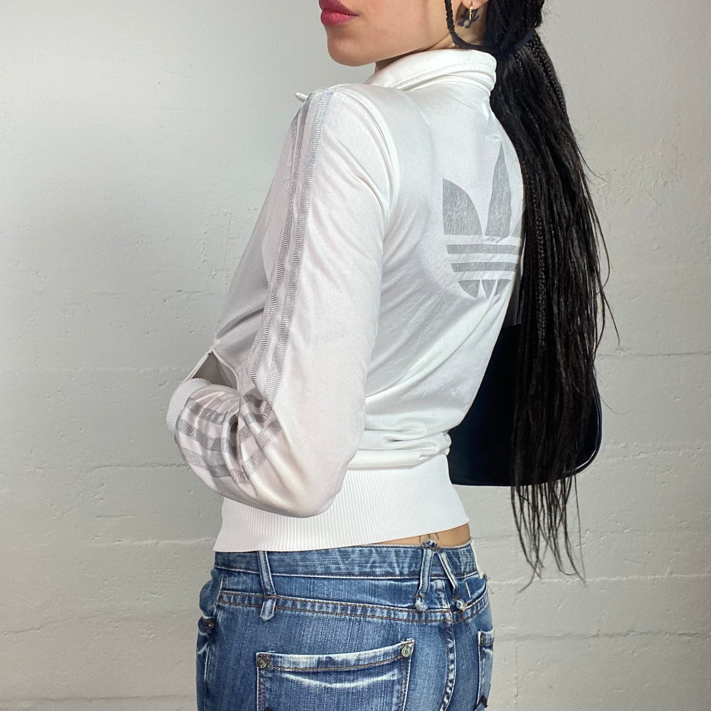 Vintage 2000's Adidas Sporty White Zip Up Jacket with Grey Brand Tri-Stripes Print Detail (S/M)