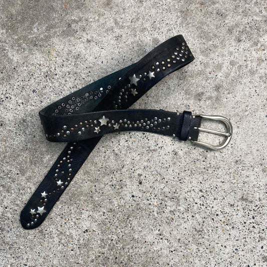 Vintage 2000's Rocker Black Leather Belt with Silver Star Details