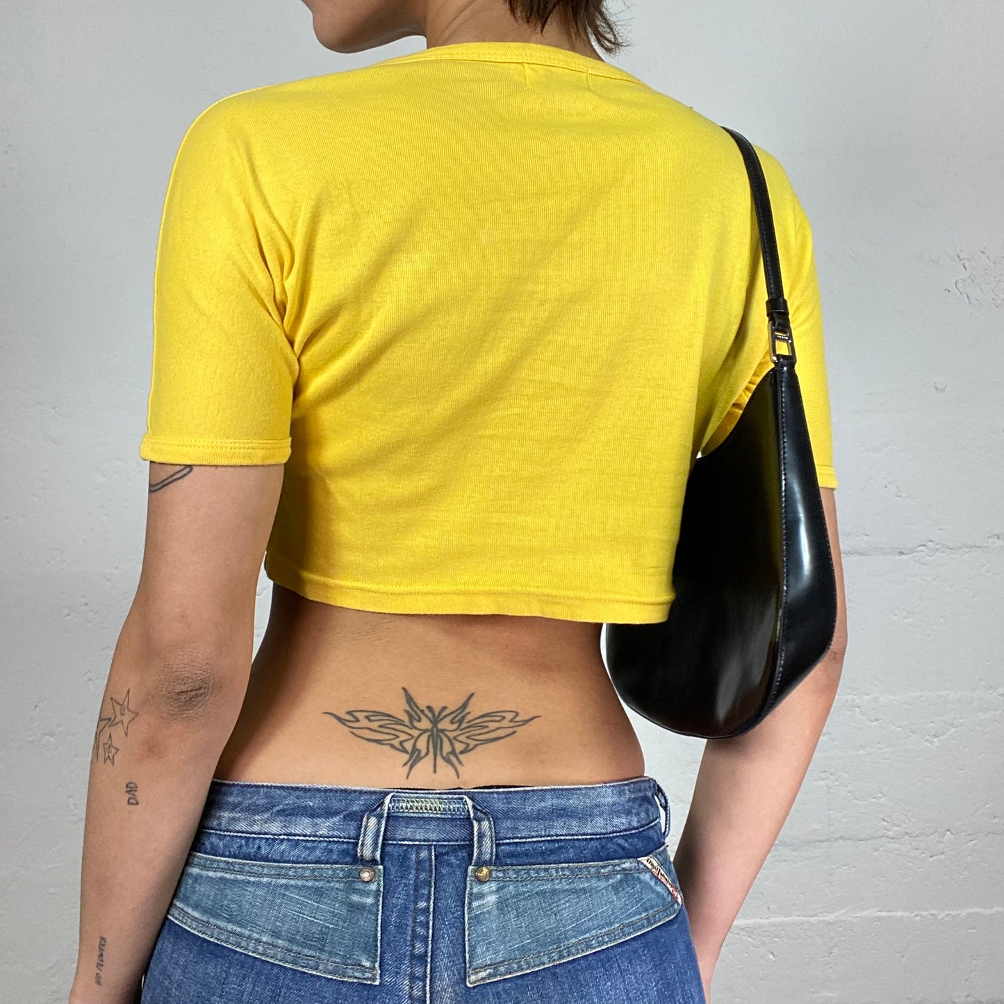 Vintage 2000's Elite Sleaze Girl Yellow Crop Top with Brand Print Detail (M)