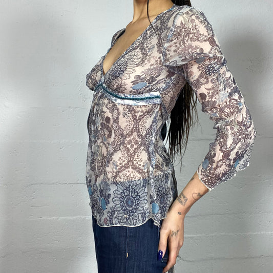 Vintage 90's Phoebe Buffay White Mesh Blouse Top with Boho Blue Floral Print (S)