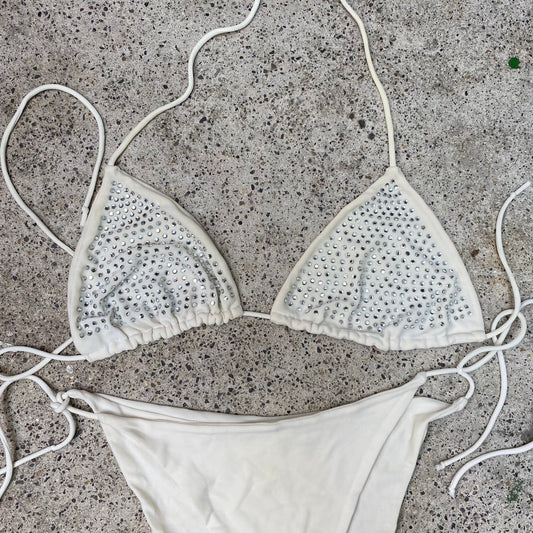 Vintage 2000's Funky White Bikini With Rhinestone Top (M)