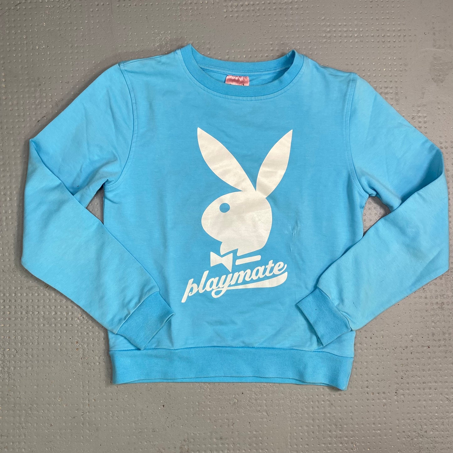 Vintage 2000's Playboy Downtown Girl Aqua Blue Sweater with White Brand Logo Print (S)